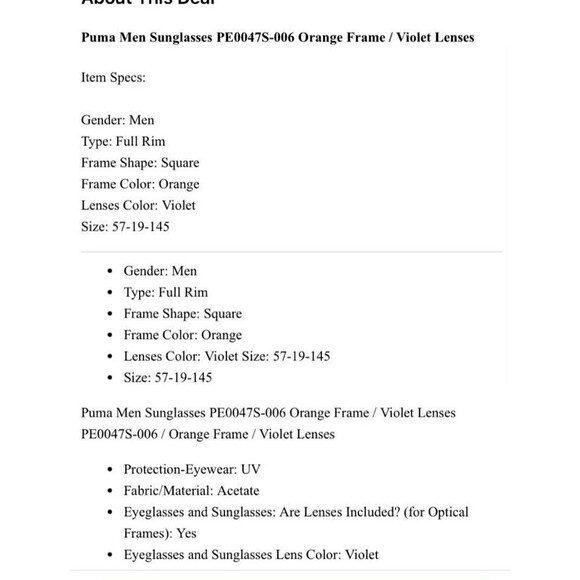 Puma Square Sunglasses Mens PE00475-006 Orange Rims Violet Lenses UV Pro… - Picture 8 of 8